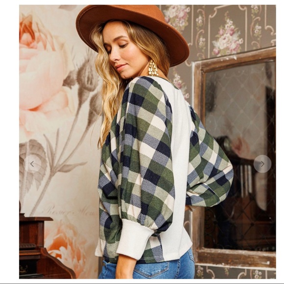 Boho Check Pattern Color Block Balloon Sleeve Top - Picture 5 of 5